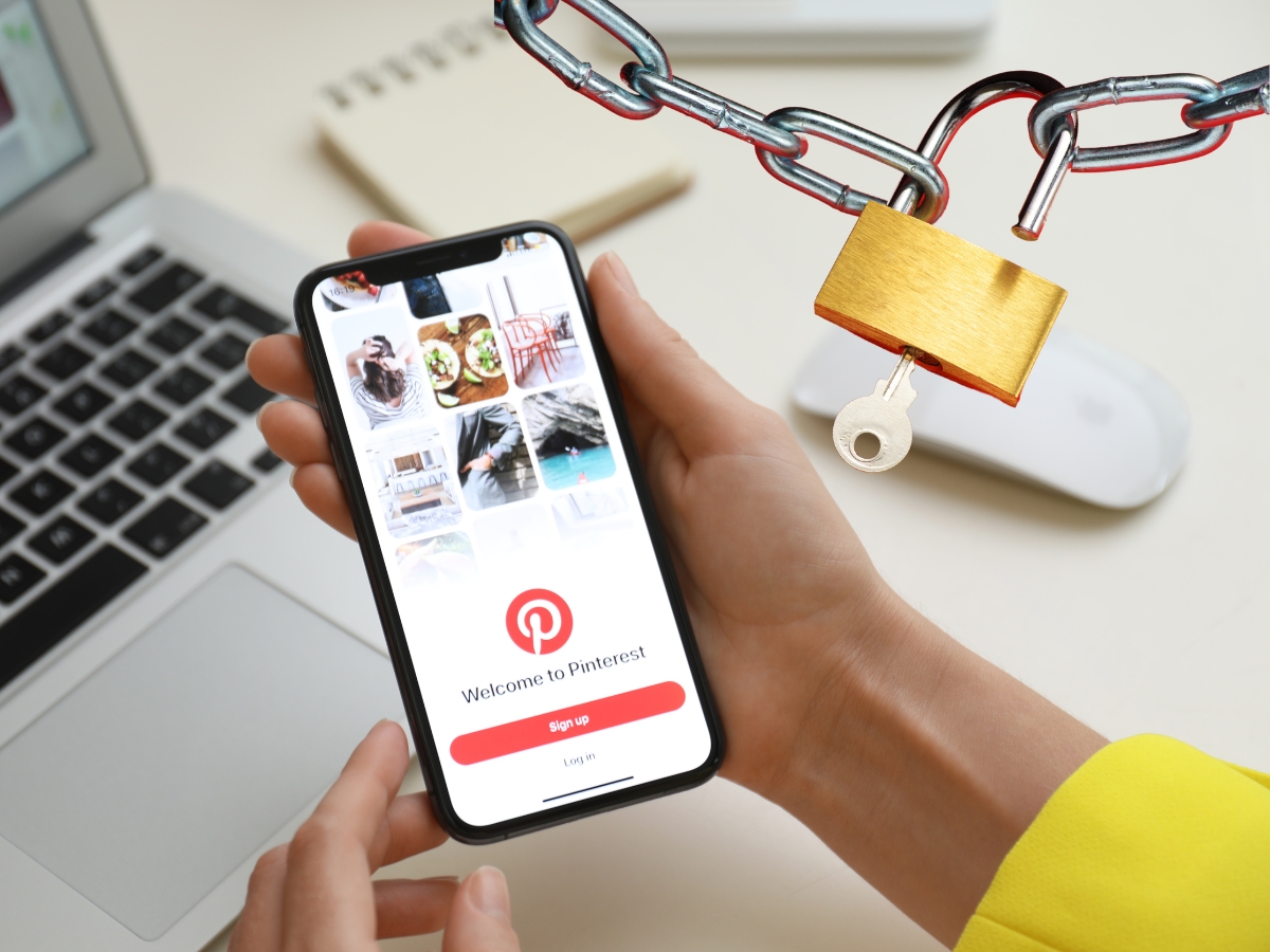 woman holding a phone, welcome to Pinterest is on the phone screen. image of a lock and key in top right corner