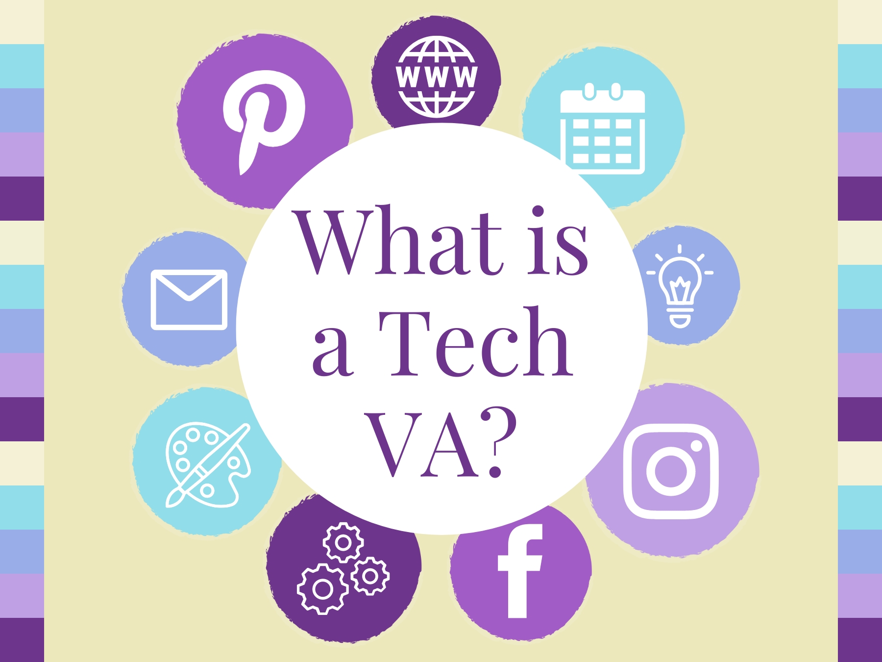 What is a Tech VA in a circle with graphics of different services around the outside including Pinterest, Instagram, Email marketing.